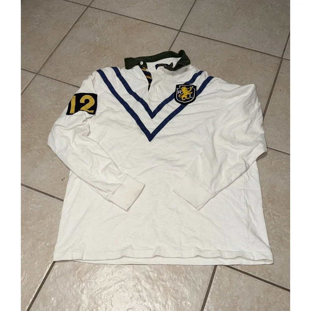 POLO RALPH LAUREN Men's Classic Fit Chevron Lion Crest Patch Rugby Shirt, WHITE